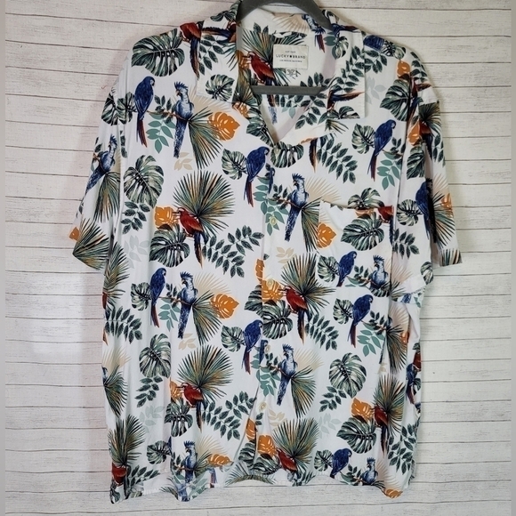 LUCKY BRAND TROPICAL FLORAL PARROT BUTTON DOWN SHORT SLEEVE, SZ XL - Picture 1 of 10